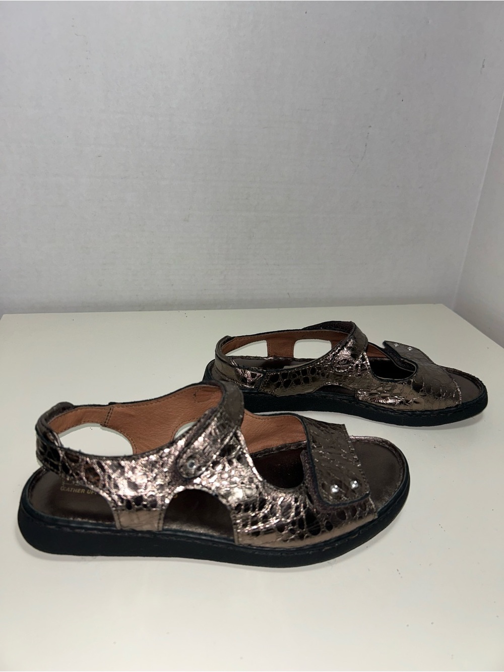 La Plume Metallic Bronze Croc Embossed Leather Rhinestone Sandal
